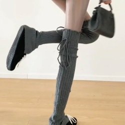 FLGG芭蕾風設計感鈕釦走秀款綁帶百搭顯瘦小衆寬條堆堆腿套咖色腿