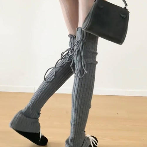 FLGG芭蕾風設計感鈕釦走秀款綁帶百搭顯瘦小衆寬條堆堆腿套咖色腿 FLGG芭蕾風設計感鈕釦走秀款綁帶百搭顯瘦小衆寬條堆堆腿套咖色腿