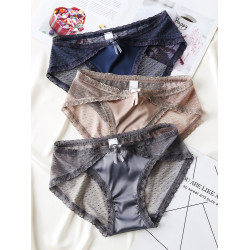 4條裝內褲女夏季性感無痕蕾絲中腰純棉襠薄款網紗純色女士三角褲