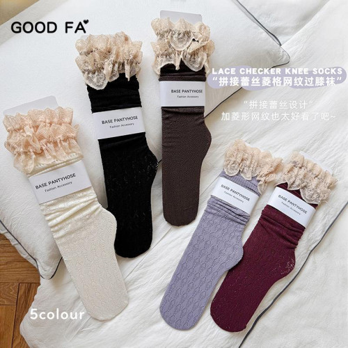 洛麗塔白色過膝襪女蕾絲拼接網紋春秋季jk黑絲小腿襪配靴子高筒襪 洛麗塔白色過膝襪女蕾絲拼接網紋春秋季jk黑絲小腿襪配靴子高筒襪