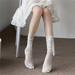 吾等是貓 蕾絲花卉圖案小腿襪白甜美日系Lolita夏季薄中筒堆堆襪