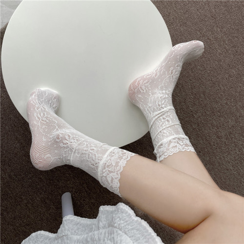 吾等是貓 蕾絲花卉圖案小腿襪白甜美日系Lolita夏季薄中筒堆堆襪 吾等是貓 蕾絲花卉圖案小腿襪白甜美日系Lolita夏季薄中筒堆堆襪