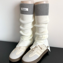 秋冬ins潮網紅款灰紫色中筒針織堆堆襪套撞色黑灰色開叉小腿套女