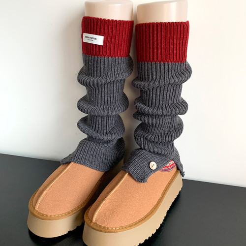 秋冬ins潮網紅款灰紫色中筒針織堆堆襪套撞色黑灰色開叉小腿套女 秋冬ins潮網紅款灰紫色中筒針織堆堆襪套撞色黑灰色開叉小腿套女