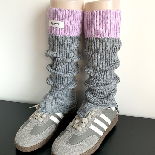 秋冬ins潮網紅款灰紫色中筒針織堆堆襪套撞色黑灰色開叉小腿套女 秋冬ins潮網紅款灰紫色中筒針織堆堆襪套撞色黑灰色開叉小腿套女