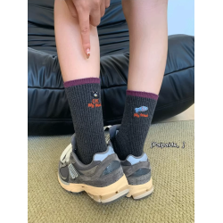 貓吃魚襪子女款秋冬2025新款爆款純棉紗線中筒襪卡通刺綉堆堆長襪