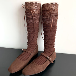 美拉德咖色絲帶蕾絲花邊長筒襪過膝堆堆襪子女春秋黑色高筒大腿襪