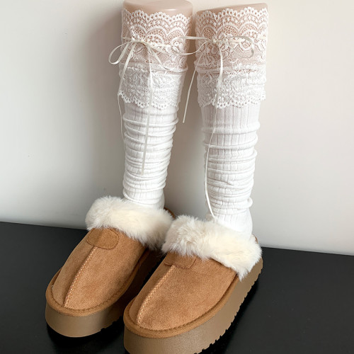 美拉德咖色絲帶蕾絲花邊長筒襪過膝堆堆襪子女春秋黑色高筒大腿襪