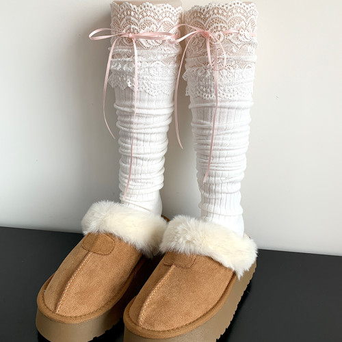 美拉德咖色絲帶蕾絲花邊長筒襪過膝堆堆襪子女春秋黑色高筒大腿襪