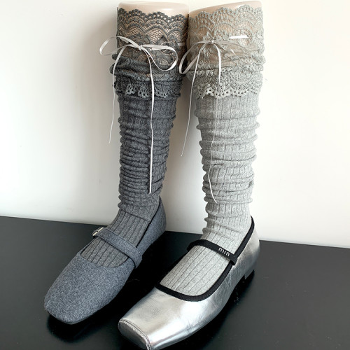 美拉德咖色絲帶蕾絲花邊長筒襪過膝堆堆襪子女春秋黑色高筒大腿襪