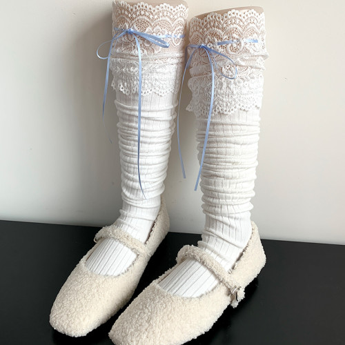 美拉德咖色絲帶蕾絲花邊長筒襪過膝堆堆襪子女春秋黑色高筒大腿襪