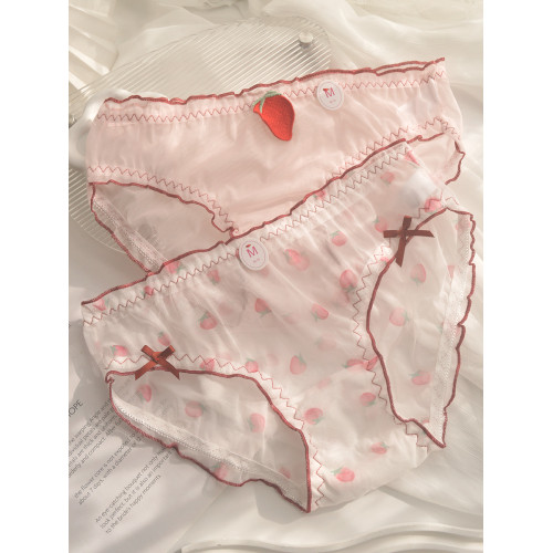 4條裝純欲風性感甜美可愛草莓蕾絲女內褲薄款網紗透氣少女三角褲