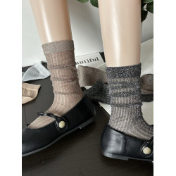 夏季薄款微閃亮絲襪子女中筒襪ins潮復古時髦竪條紋走秀款堆堆襪