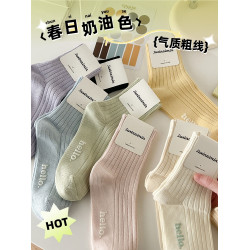 純色襪子女春秋季棉襪ins潮韓版日系粗線白色運動字母純色中筒襪