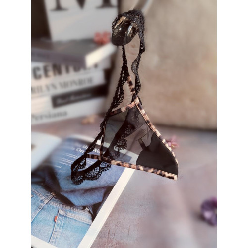 歐美性感豹紋蕾絲女內褲低腰純欲T褲透明網紗純棉襠一根繩丁字褲