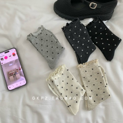 松弛早秋~基礎黑白灰色系中筒襪 日系可愛花邊波點襪子女四季可穿