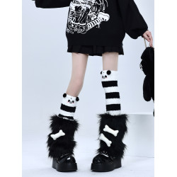 自製黑色毛毛腿套亞文化龐克骨頭元素y2k曡穿熊貓條紋保暖過膝襪