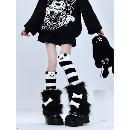 自製黑色毛毛腿套亞文化龐克骨頭元素y2k曡穿熊貓條紋保暖過膝襪 自製黑色毛毛腿套亞文化龐克骨頭元素y2k曡穿熊貓條紋保暖過膝襪