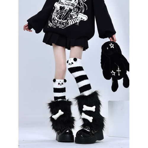 自製黑色毛毛腿套亞文化龐克骨頭元素y2k曡穿熊貓條紋保暖過膝襪 自製黑色毛毛腿套亞文化龐克骨頭元素y2k曡穿熊貓條紋保暖過膝襪