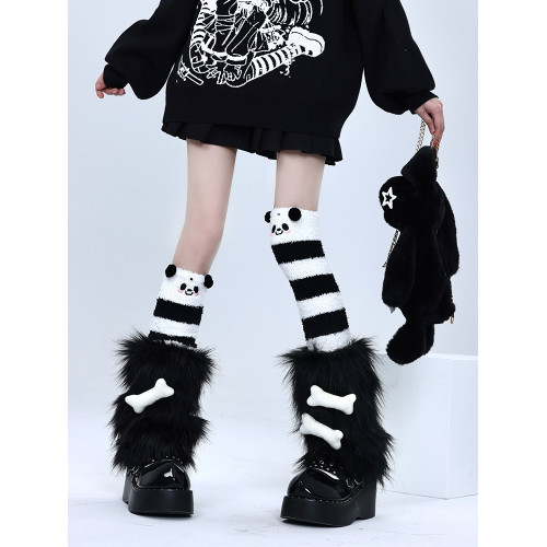 自製黑色毛毛腿套亞文化龐克骨頭元素y2k曡穿熊貓條紋保暖過膝襪 自製黑色毛毛腿套亞文化龐克骨頭元素y2k曡穿熊貓條紋保暖過膝襪