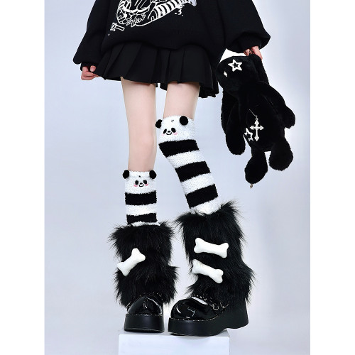 自製黑色毛毛腿套亞文化龐克骨頭元素y2k曡穿熊貓條紋保暖過膝襪 自製黑色毛毛腿套亞文化龐克骨頭元素y2k曡穿熊貓條紋保暖過膝襪