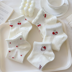 夏季奶白色襪子女短襪薄款純棉卡通kt貓低幫蕾絲花邊淺口船襪網眼