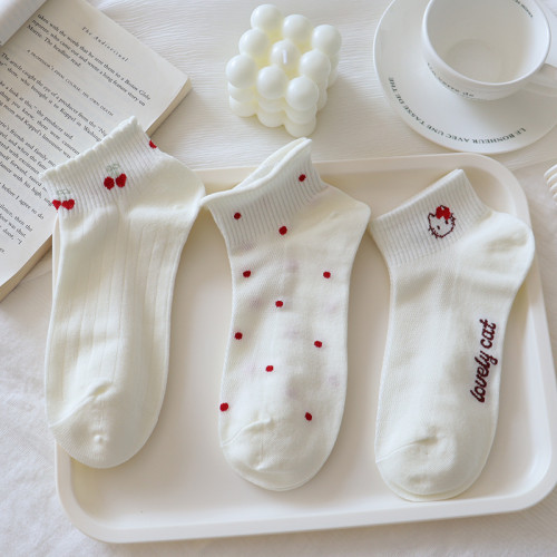 夏季奶白色襪子女短襪薄款純棉卡通kt貓低幫蕾絲花邊淺口船襪網眼