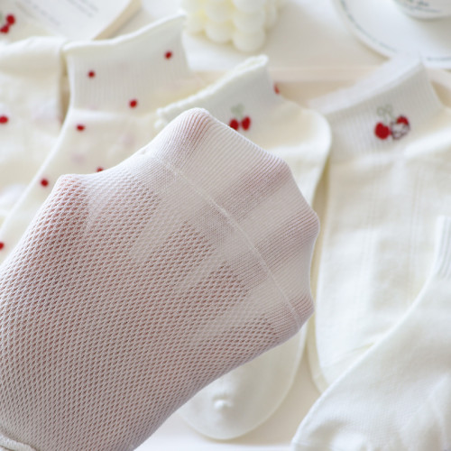 夏季奶白色襪子女短襪薄款純棉卡通kt貓低幫蕾絲花邊淺口船襪網眼