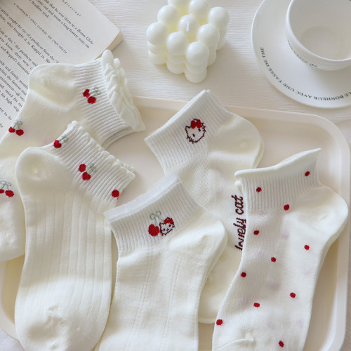 夏季奶白色襪子女短襪薄款純棉卡通kt貓低幫蕾絲花邊淺口船襪網眼