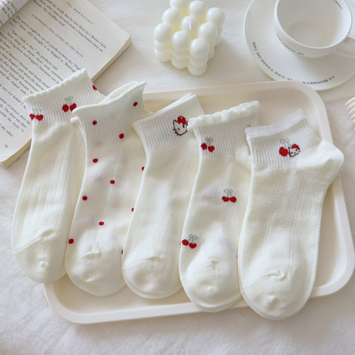夏季奶白色襪子女短襪薄款純棉卡通kt貓低幫蕾絲花邊淺口船襪網眼