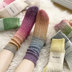韓版漸變色羊毛襪子女中筒襪秋冬加厚保暖長筒襪冬天彩色外穿網紅