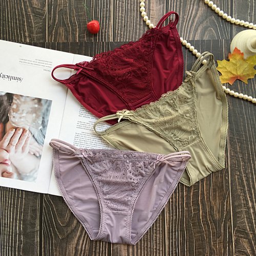 新品冰絲絲滑面料蕾絲花邊側雙細帶女式低腰三角內褲女褲衩蝴蝶結