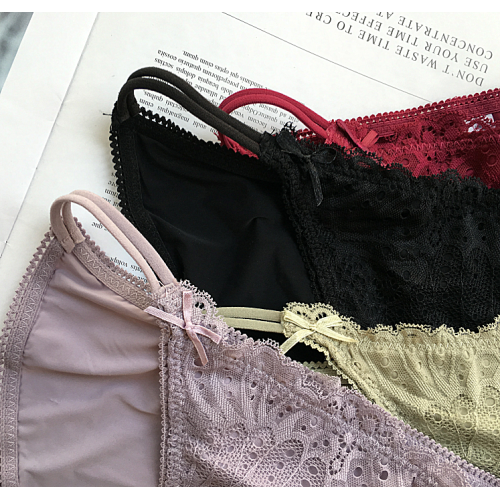 新品冰絲絲滑面料蕾絲花邊側雙細帶女式低腰三角內褲女褲衩蝴蝶結