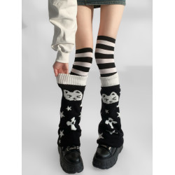 夜間教習室針織襪套黑白撞色可愛毛線堆堆襪女秋季長腿套過膝襪子