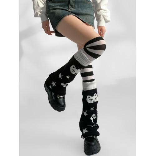 夜間教習室針織襪套黑白撞色可愛毛線堆堆襪女秋季長腿套過膝襪子 夜間教習室針織襪套黑白撞色可愛毛線堆堆襪女秋季長腿套過膝襪子