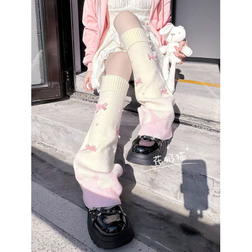 花奶貓原創可愛粉色腿套女日系蝴蝶結珍珠中筒堆堆襪子lolita襪套 花奶貓原創可愛粉色腿套女日系蝴蝶結珍珠中筒堆堆襪子lolita襪套