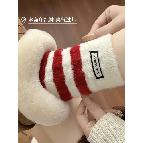 本命年紅色襪子女款秋冬季毛絨棉襪新年保暖加厚珊瑚絨冬天睡眠襪