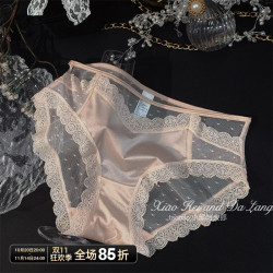 2025新款法式高級緞面蕾絲內褲女透明網紗透氣鏤空性感綁帶三角褲