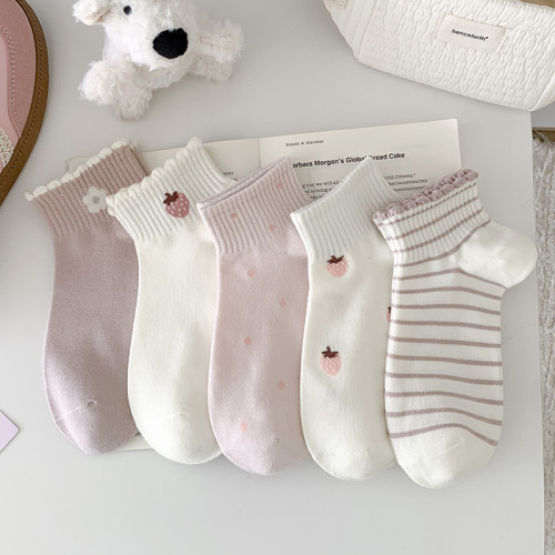 粉白草莓春夏襪子女短襪純棉透氣花邊條紋韓版甜美可愛ins潮運動