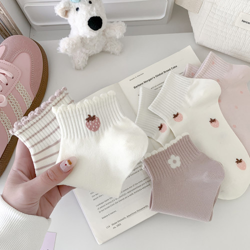 粉白草莓春夏襪子女短襪純棉透氣花邊條紋韓版甜美可愛ins潮運動