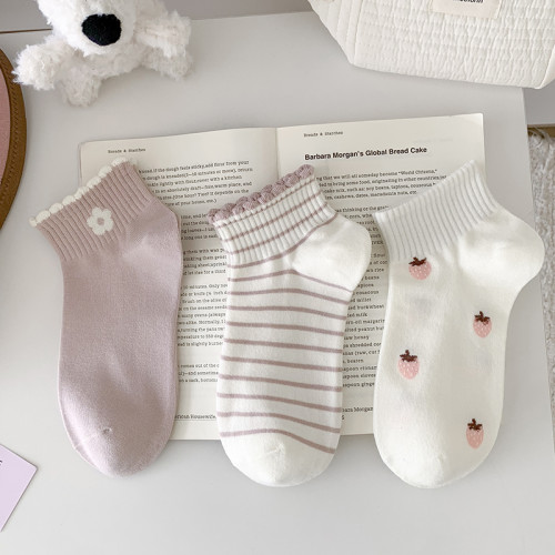 粉白草莓春夏襪子女短襪純棉透氣花邊條紋韓版甜美可愛ins潮運動
