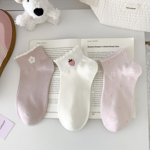 粉白草莓春夏襪子女短襪純棉透氣花邊條紋韓版甜美可愛ins潮運動