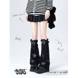 Solost 星星皮釦黑色牛仔腿套女款春夏亞文化y2k辣妹拖地堆堆襪套