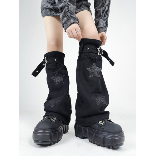 Solost 星星皮釦黑色牛仔腿套女款春夏亞文化y2k辣妹拖地堆堆襪套 Solost 星星皮釦黑色牛仔腿套女款春夏亞文化y2k辣妹拖地堆堆襪套