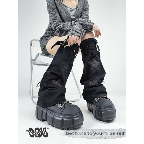 Solost 星星皮釦黑色牛仔腿套女款春夏亞文化y2k辣妹拖地堆堆襪套 Solost 星星皮釦黑色牛仔腿套女款春夏亞文化y2k辣妹拖地堆堆襪套