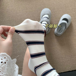 韓系泡泡口條紋襪子女秋冬款中筒襪無骨棉襪百搭ins復古堆堆女襪