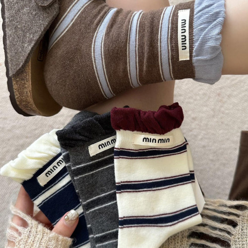 韓系泡泡口條紋襪子女秋冬款中筒襪無骨棉襪百搭ins復古堆堆女襪