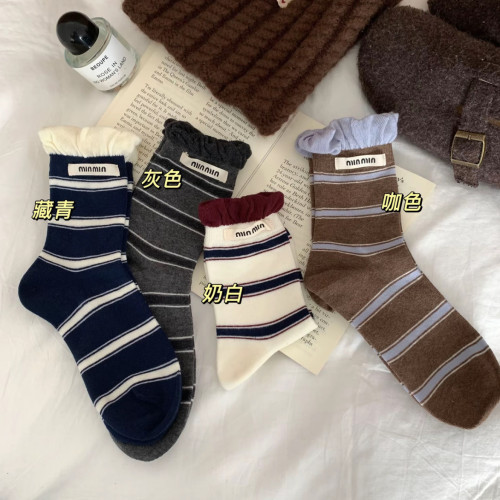 韓系泡泡口條紋襪子女秋冬款中筒襪無骨棉襪百搭ins復古堆堆女襪