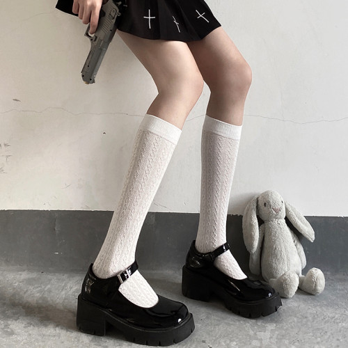 夜間教習室黑色小腿襪jk蕾絲半筒襪子女秋款長筒絲襪薄款白色瘦腿