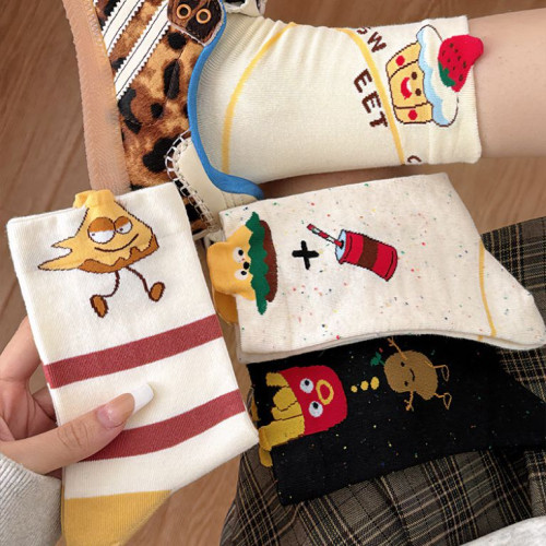 襪子女中筒襪秋冬款搞怪可愛韓國ins潮卡通個性薯條長筒堆堆長襪